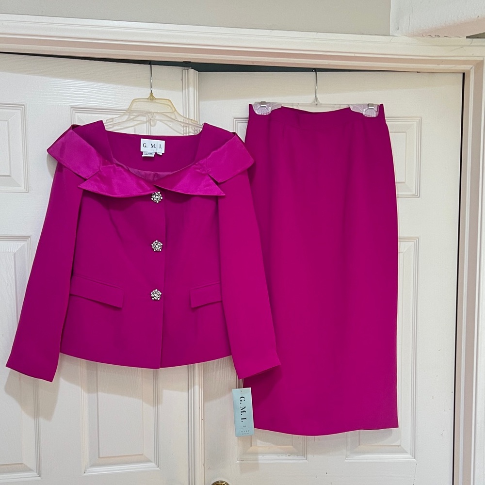 GMI Geometric Collar  Magenta Skirt  Top Suit  Set Size 10 Church Formal Wedding - Picture 4 of 16